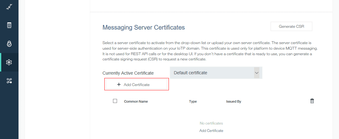「+ Add Certificate」をクリック