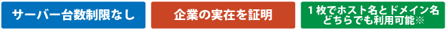サーバー台数制限なし/企業の実在を証明/ホスト名とドメイン名どちらでも利用可能